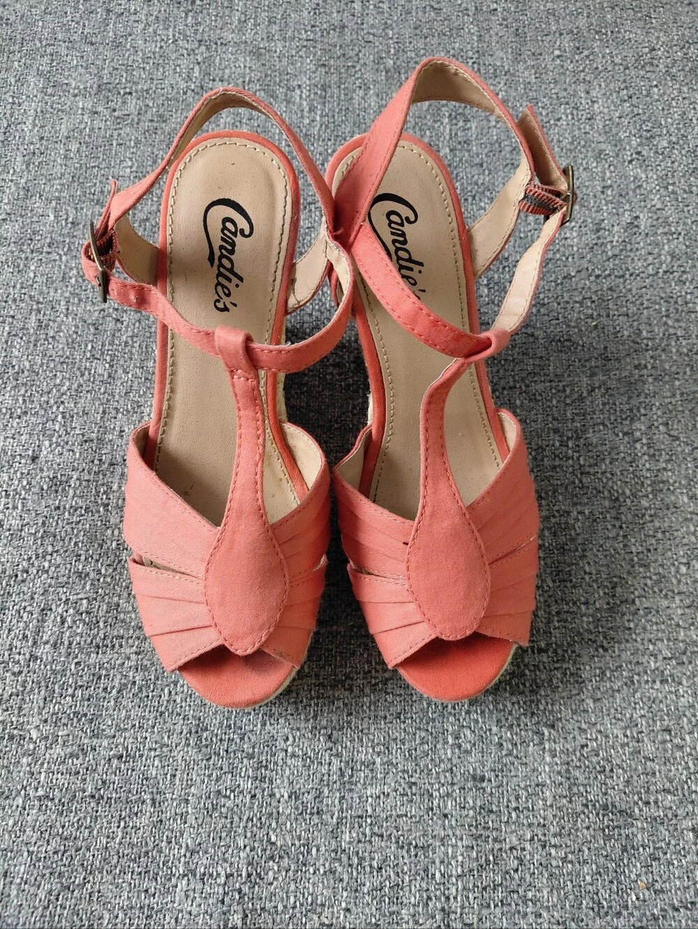 Candie's 2012 Coral Orange T-Strap Open Toe Espadrille Ankle Strap Wedges Size 6